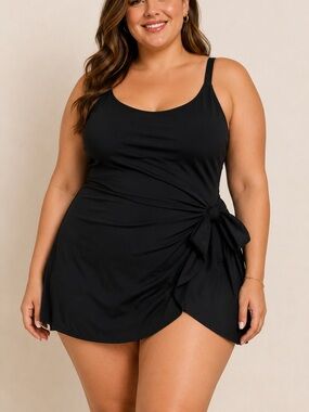 Plus Size Swim Dress Black Tummy Control One Piece Skirted 20W